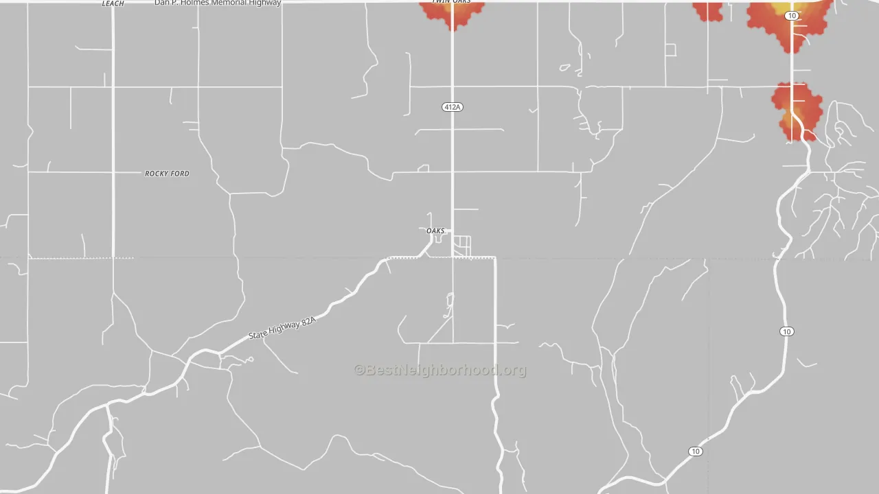 Walk Grade map of Oaks, OK, walkable areas in green and car-dependent areas in red