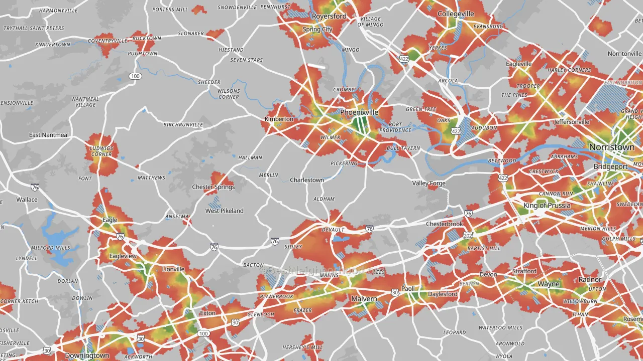 Walk Grade map of Oaks, PA, walkable areas in green and car-dependent areas in red