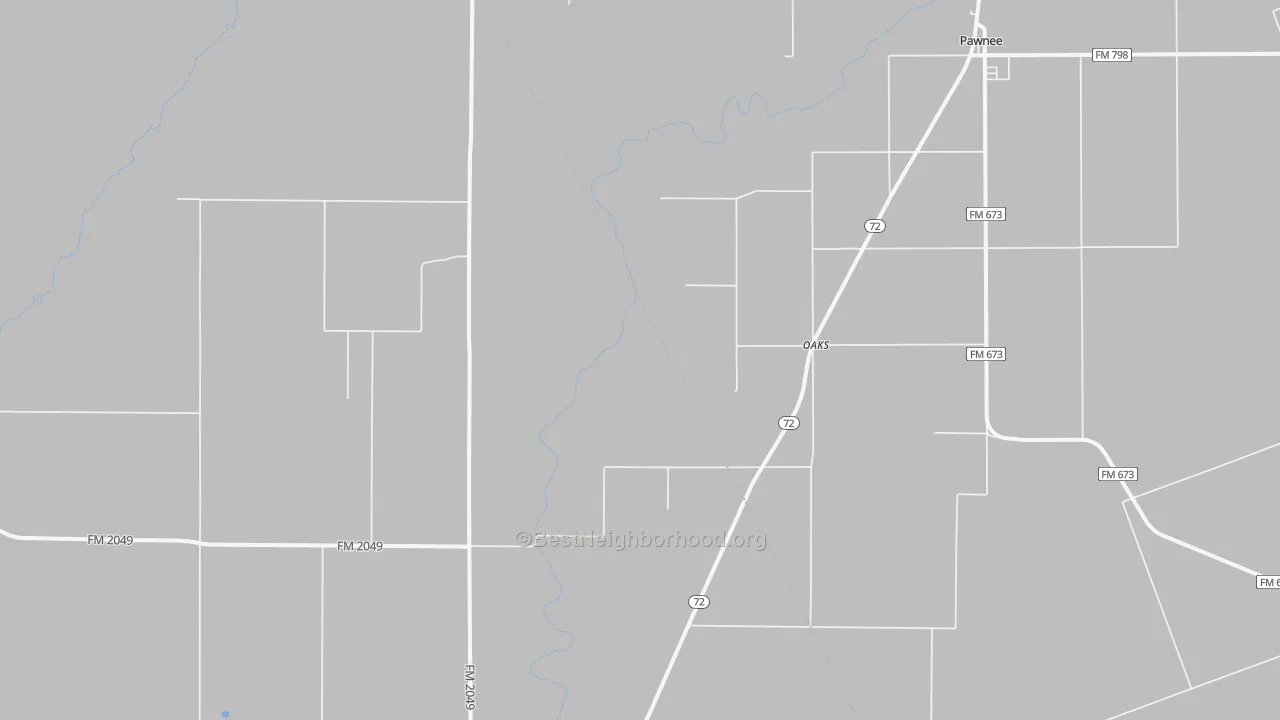 Walk Grade map of Oaks, TX, walkable areas in green and car-dependent areas in red