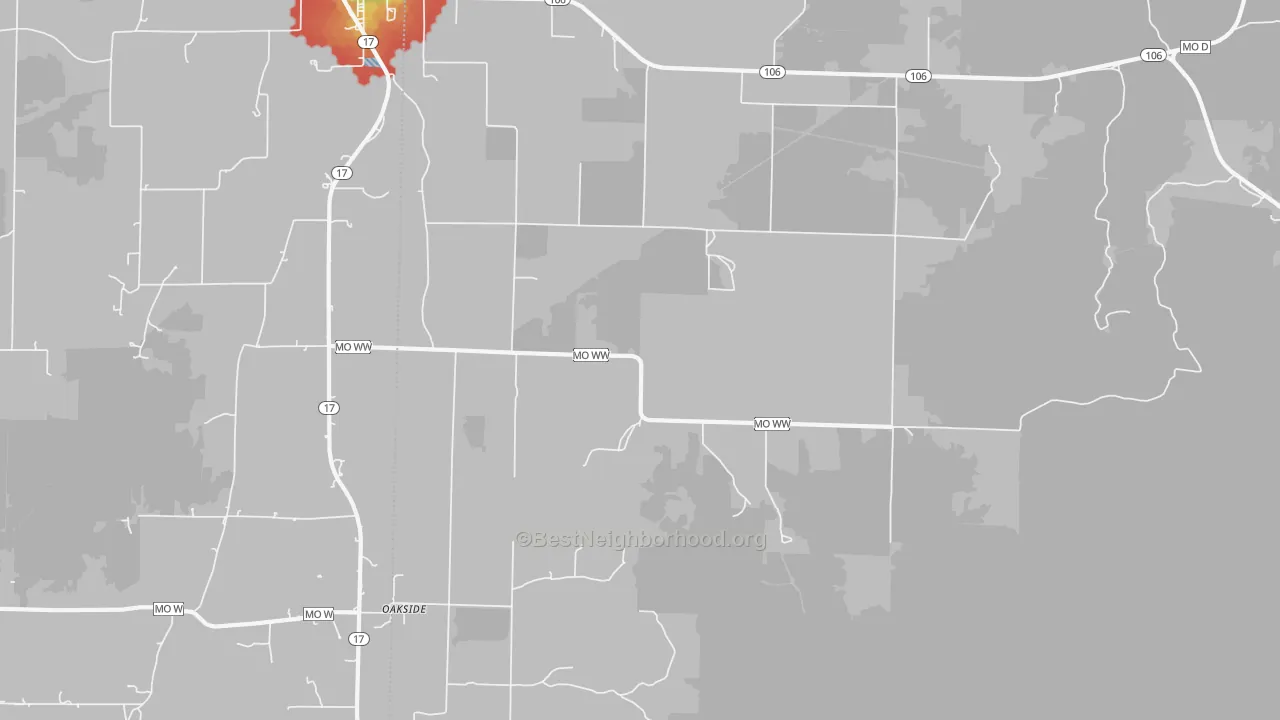 Walk Grade map of Oakside, MO, walkable areas in green and car-dependent areas in red