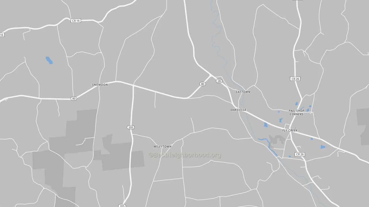 Walk Grade map of Oaksville, NY, walkable areas in green and car-dependent areas in red