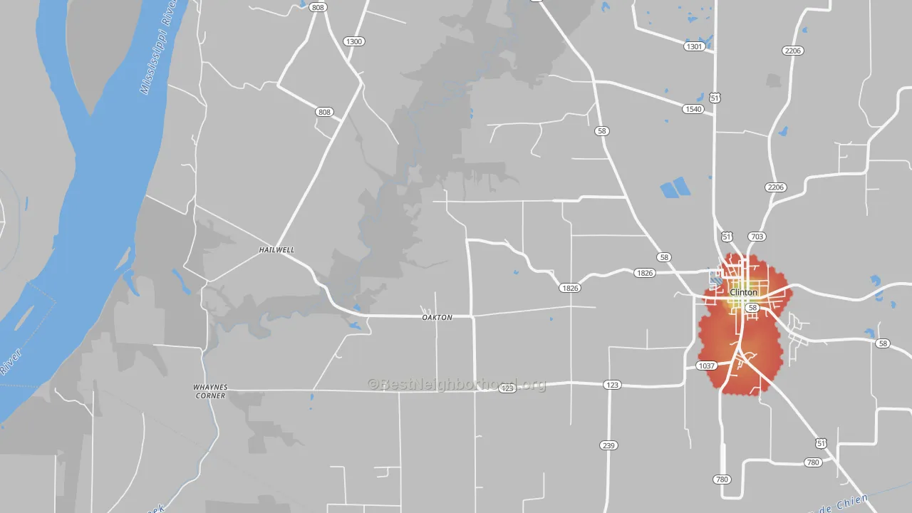 Walk Grade map of Oakton, KY, walkable areas in green and car-dependent areas in red