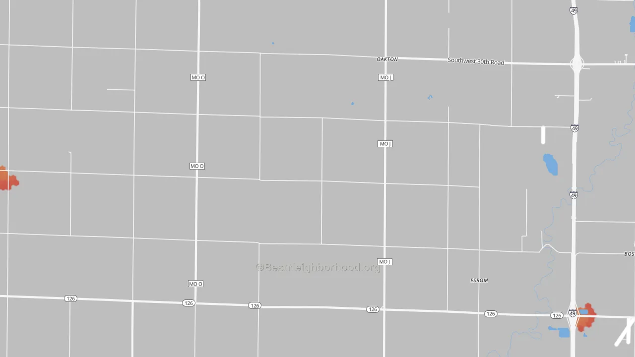 Walk Grade map of Oakton, MO, walkable areas in green and car-dependent areas in red
