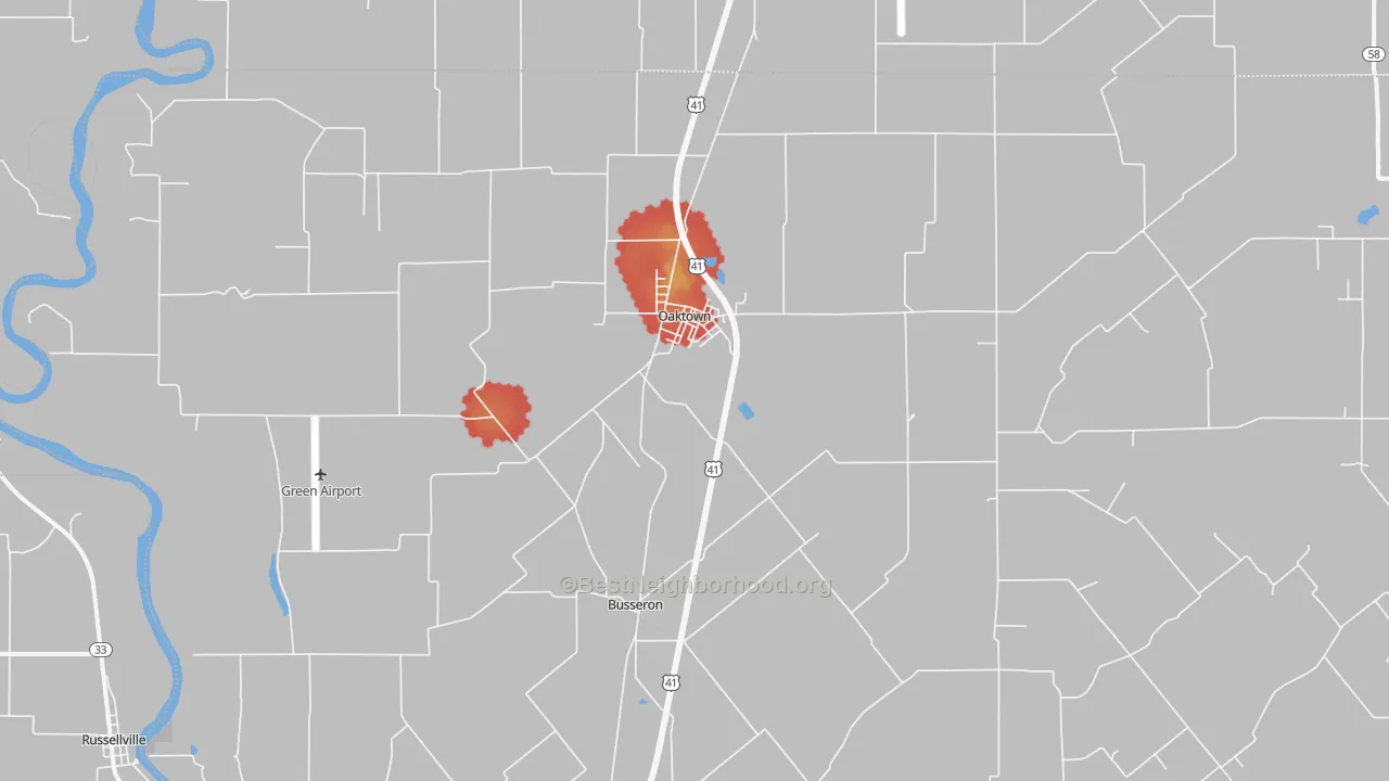Walk Grade map of Oaktown, IN, walkable areas in green and car-dependent areas in red
