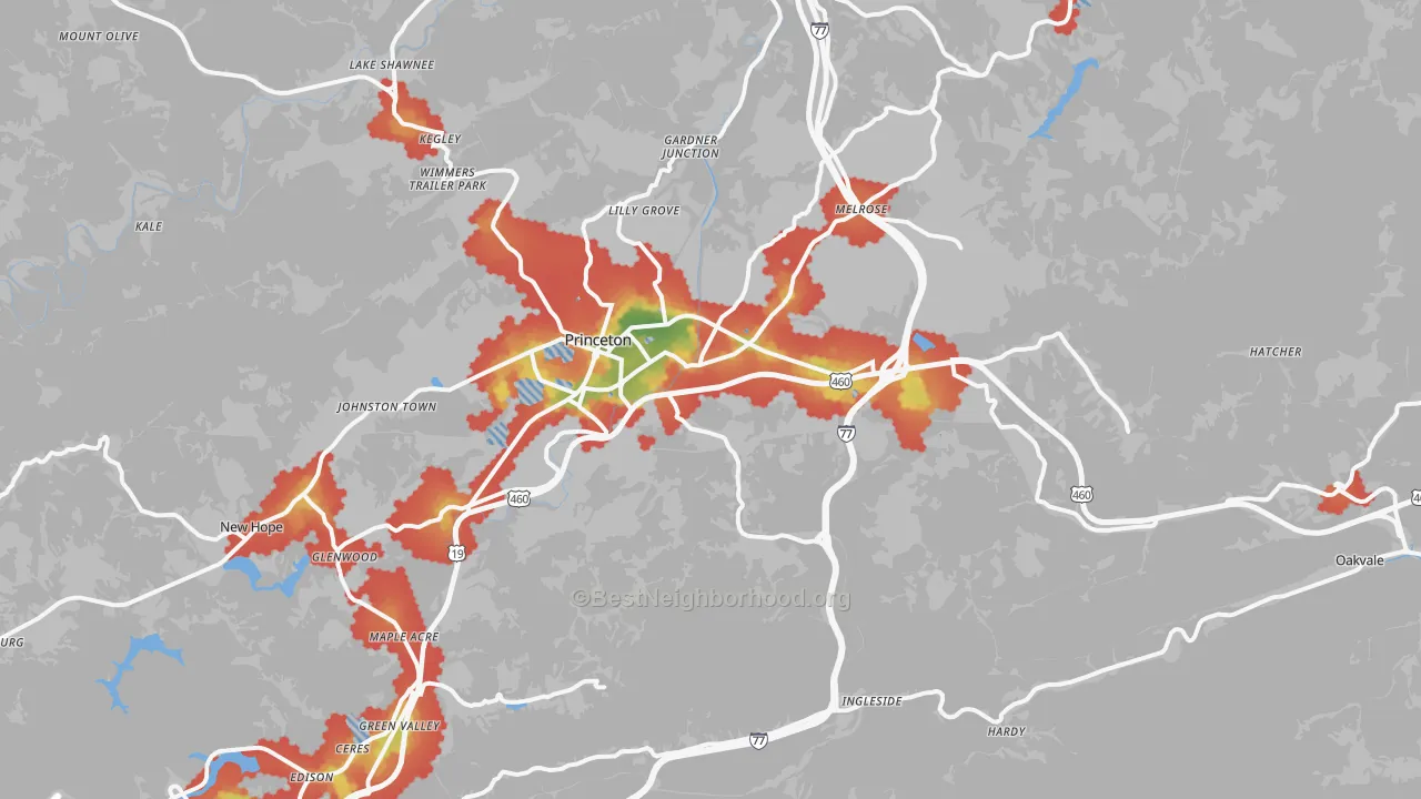 Walk Grade map of Oakvale, WV, walkable areas in green and car-dependent areas in red