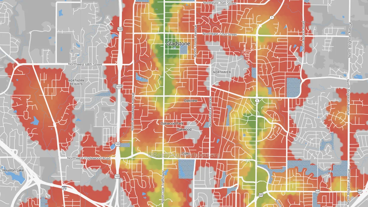 Walk Grade map of Oakview, MO, walkable areas in green and car-dependent areas in red