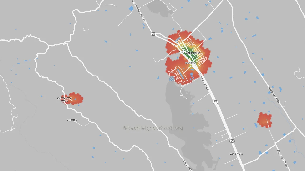 Walk Grade map of Oakville, CA, walkable areas in green and car-dependent areas in red