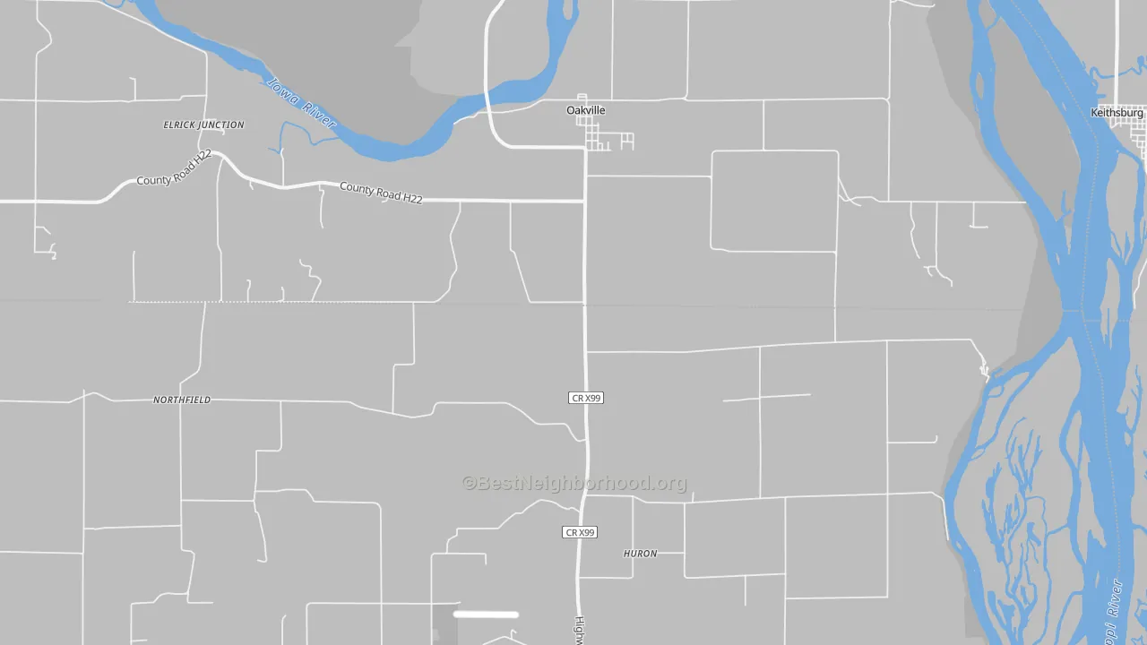 Walk Grade map of Oakville, IA, walkable areas in green and car-dependent areas in red
