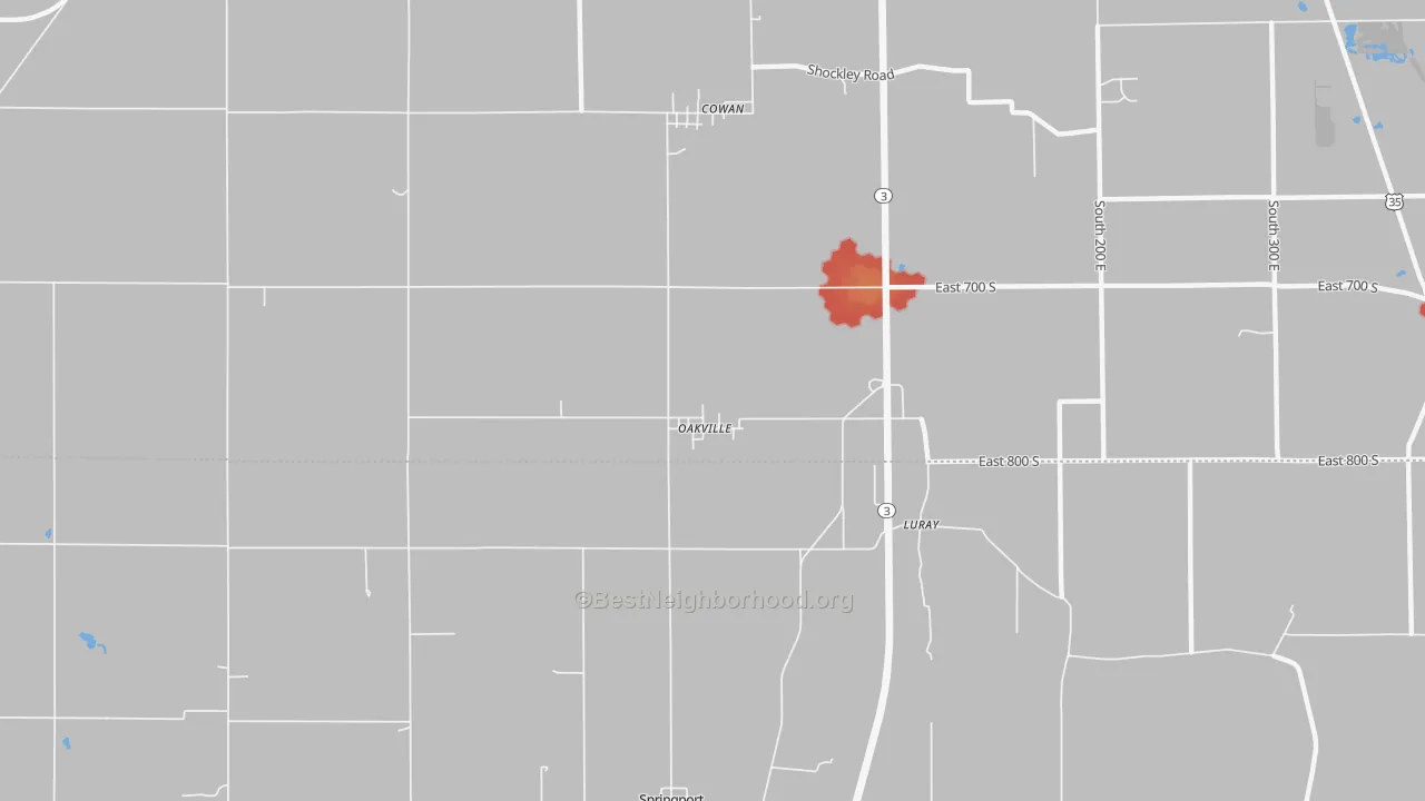 Walk Grade map of Oakville, IN, walkable areas in green and car-dependent areas in red