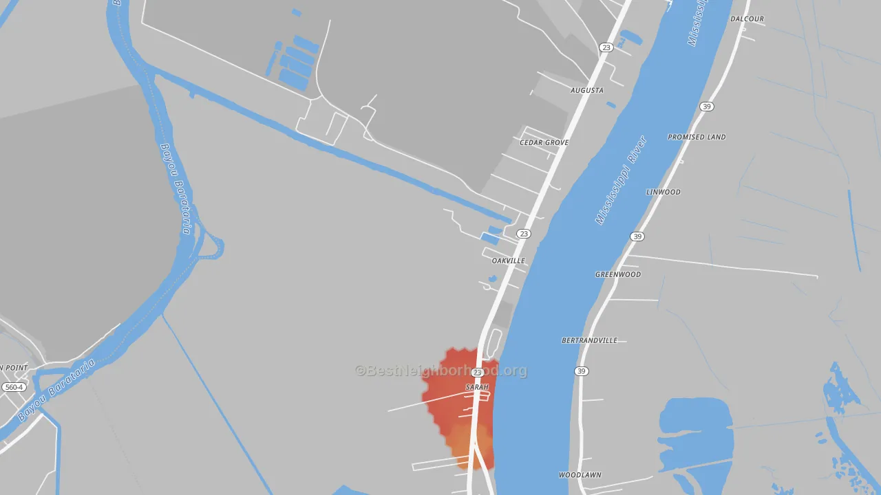 Walk Grade map of Oakville, LA, walkable areas in green and car-dependent areas in red