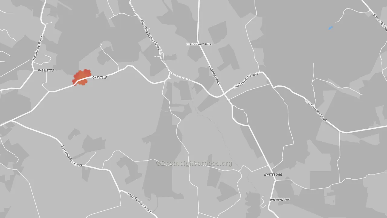 Walk Grade map of Oakville, MD, walkable areas in green and car-dependent areas in red