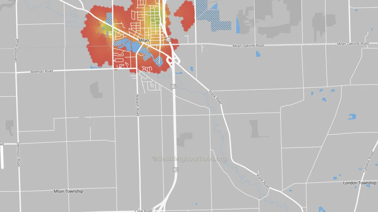Walk Grade map of Oakville, MI, walkable areas in green and car-dependent areas in red