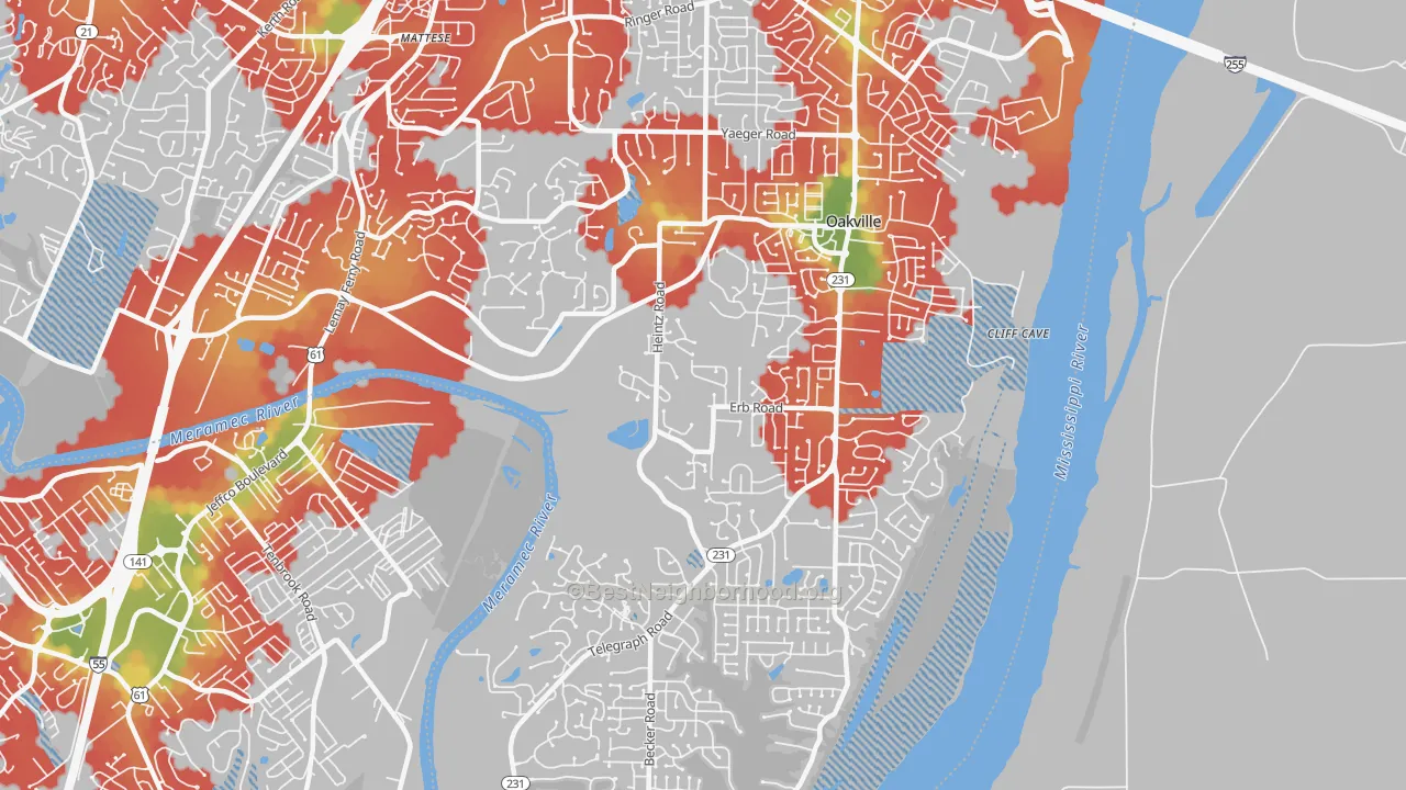 Walk Grade map of Oakville, MO, walkable areas in green and car-dependent areas in red