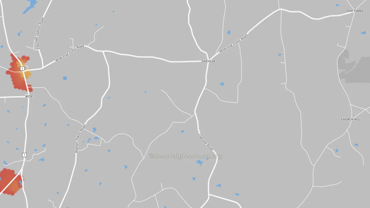 Walk Grade map of Oakville, NC, walkable areas in green and car-dependent areas in red