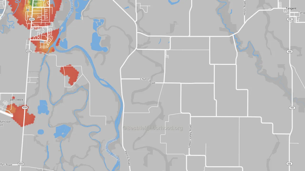 Walk Grade map of Oakville, OR, walkable areas in green and car-dependent areas in red