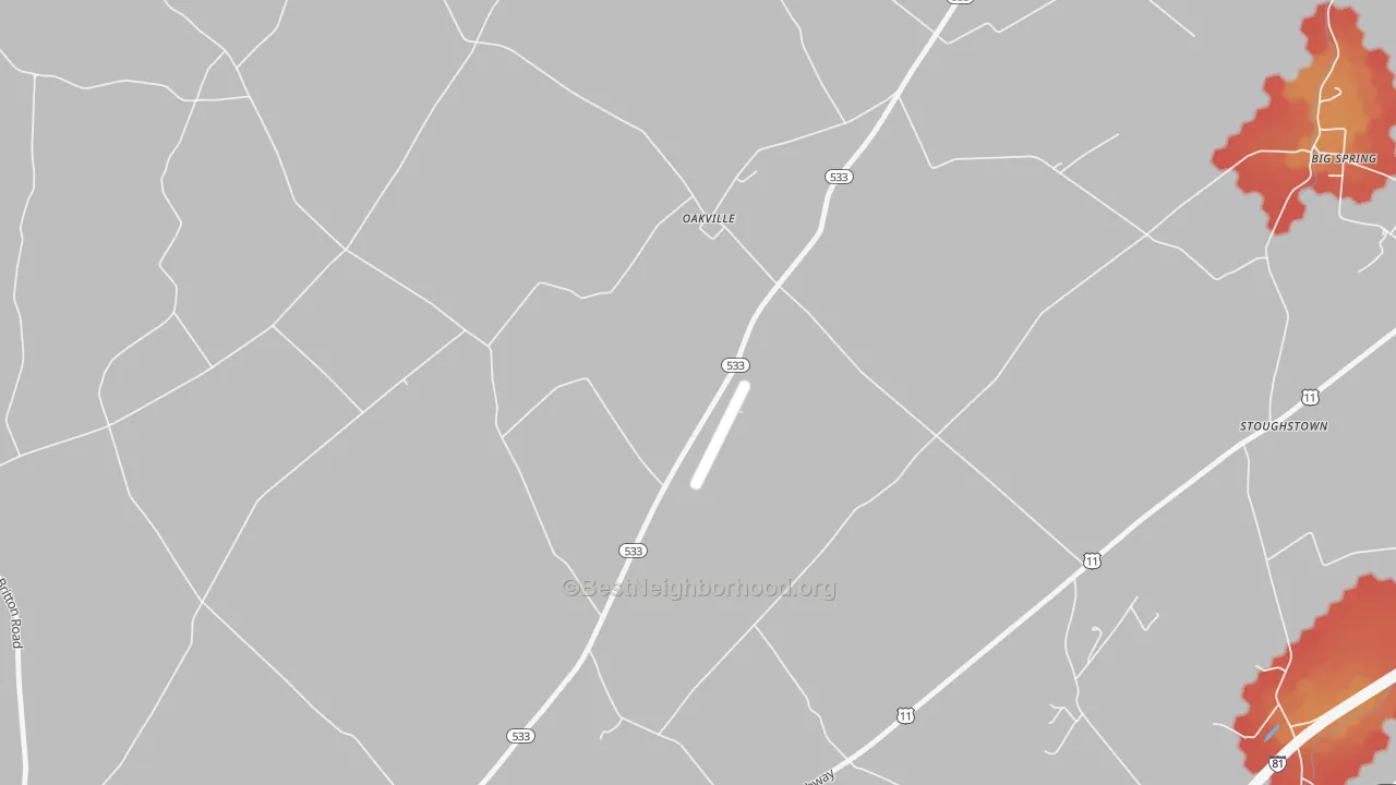Walk Grade map of Oakville, PA, walkable areas in green and car-dependent areas in red