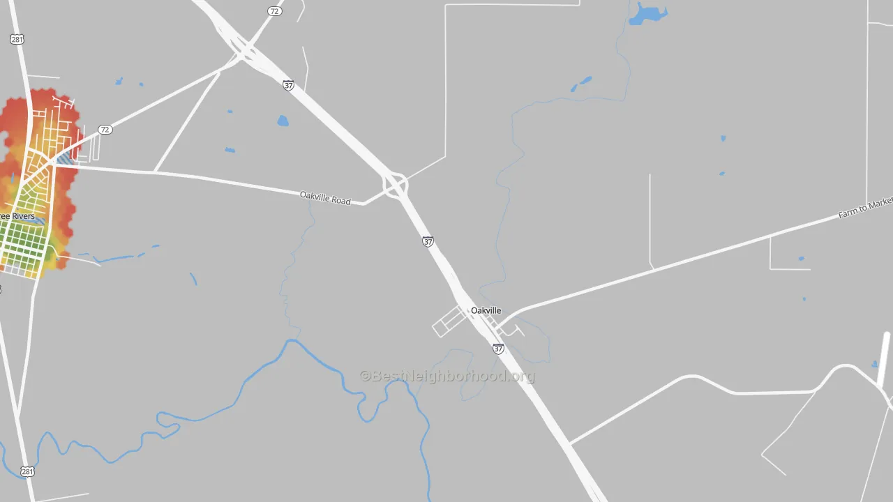 Walk Grade map of Oakville, TX, walkable areas in green and car-dependent areas in red