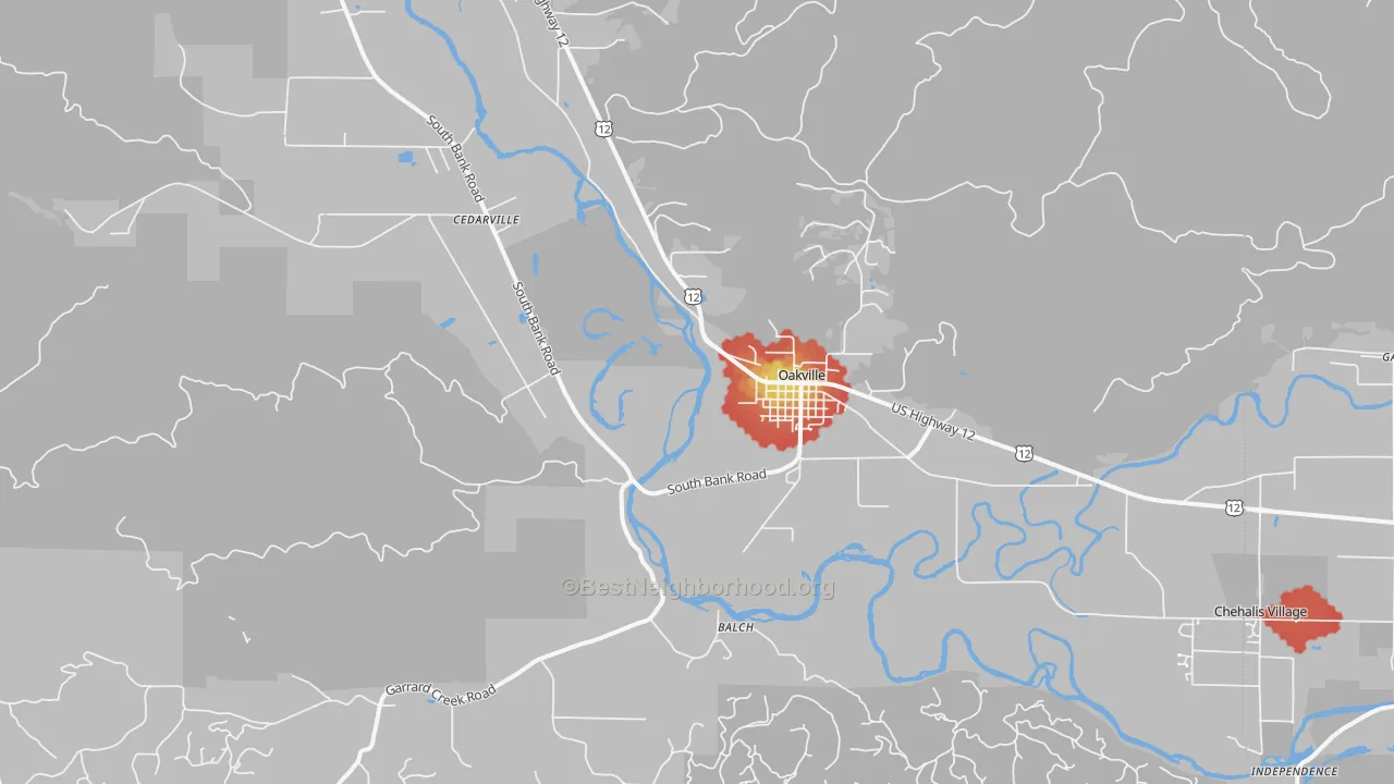 Walk Grade map of Oakville, WA, walkable areas in green and car-dependent areas in red