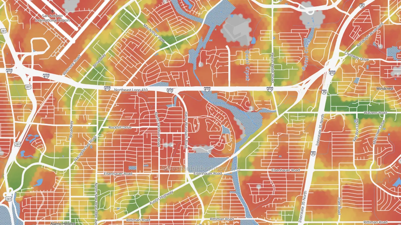 Walk Grade map of Oakwell Farms, San Antonio, TX, walkable areas in green and car-dependent areas in red