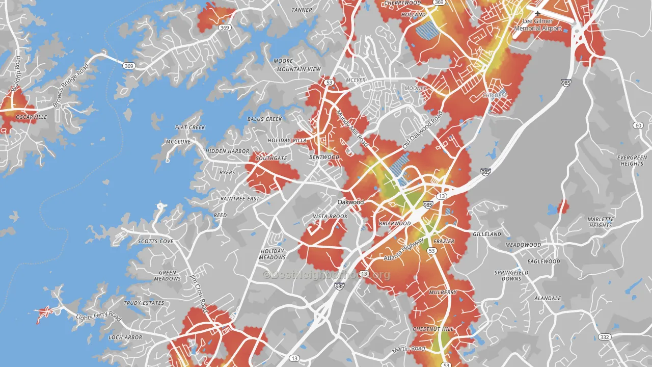 Walk Grade map of Oakwood, GA, walkable areas in green and car-dependent areas in red