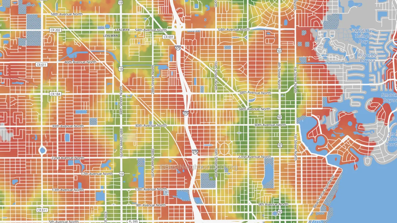 Walk Grade map of Oakwood Gardens, St. Petersburg, FL, walkable areas in green and car-dependent areas in red