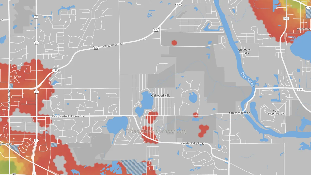 Walk Grade map of Oakwood Hills, IL, walkable areas in green and car-dependent areas in red