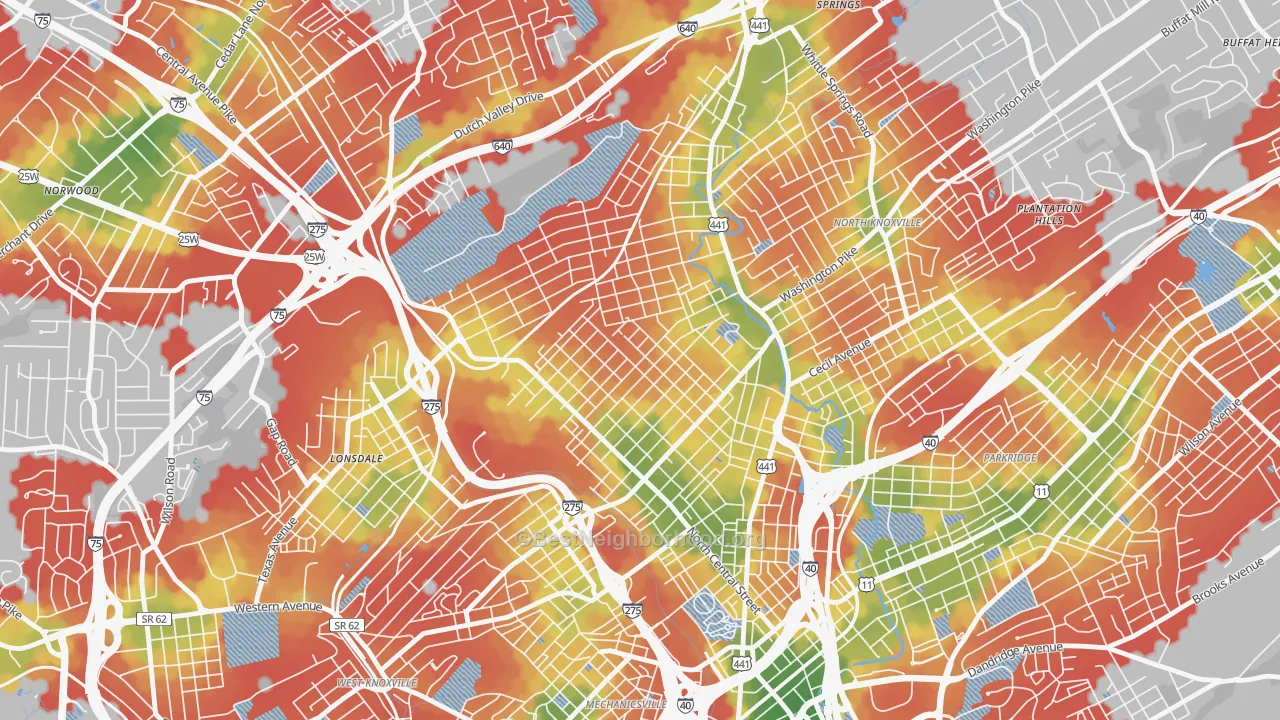 Walk Grade map of Oakwood, Knoxville, TN, walkable areas in green and car-dependent areas in red