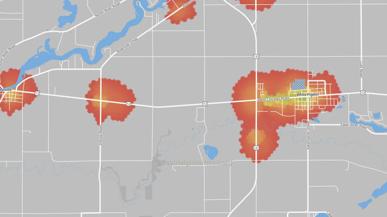 Walk Grade map of Oakwood, MI, walkable areas in green and car-dependent areas in red