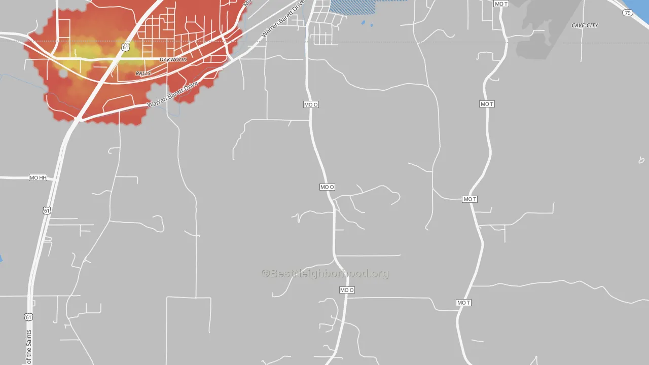 Walk Grade map of Oakwood, MO, walkable areas in green and car-dependent areas in red