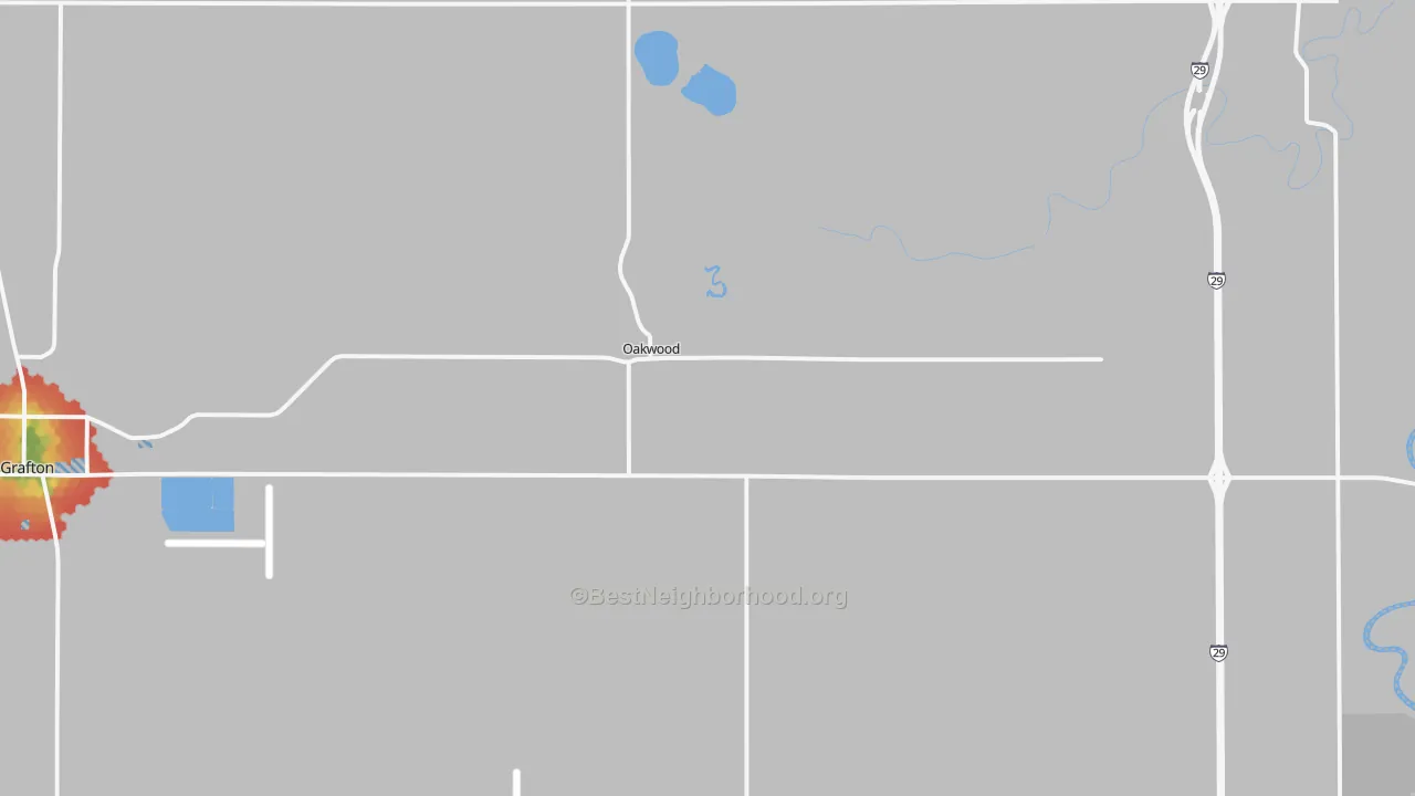 Walk Grade map of Oakwood, ND, walkable areas in green and car-dependent areas in red