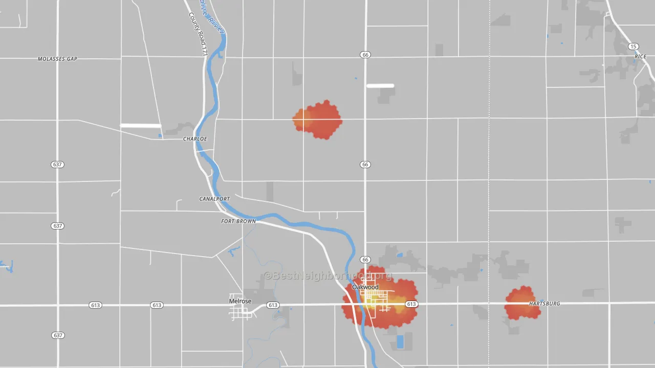Walk Grade map of Oakwood, OH, walkable areas in green and car-dependent areas in red