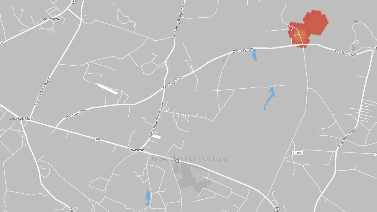Walk Grade map of Oakwood, SC, walkable areas in green and car-dependent areas in red
