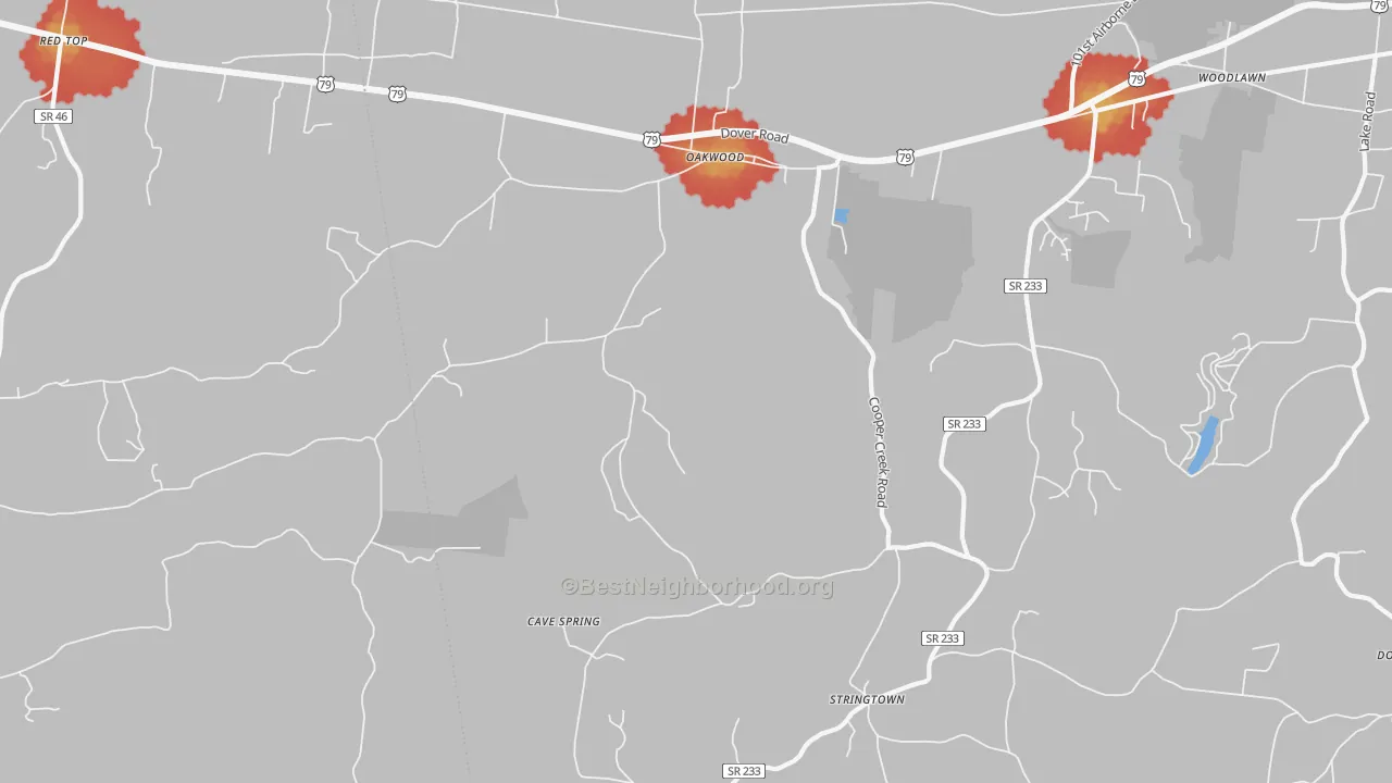 Walk Grade map of Oakwood, TN, walkable areas in green and car-dependent areas in red