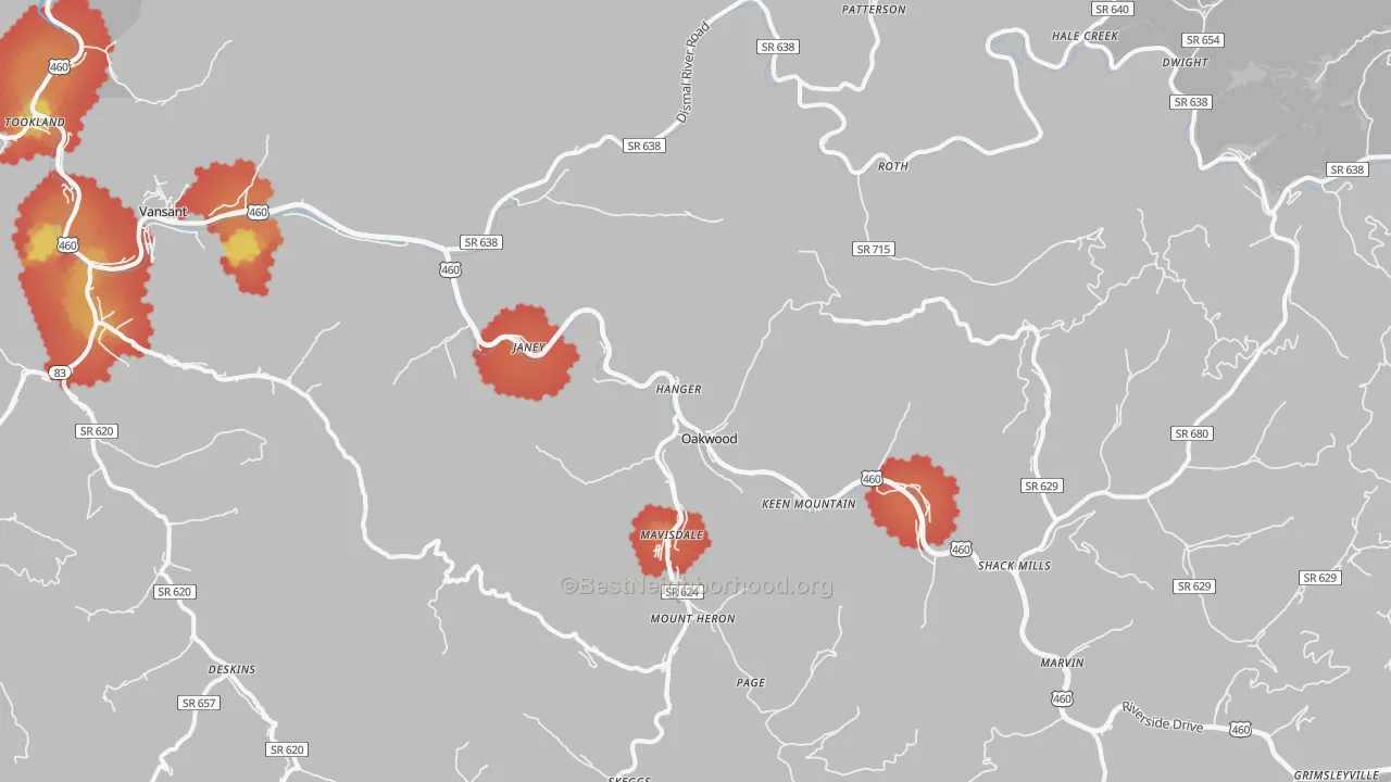 Walk Grade map of Oakwood, VA, walkable areas in green and car-dependent areas in red