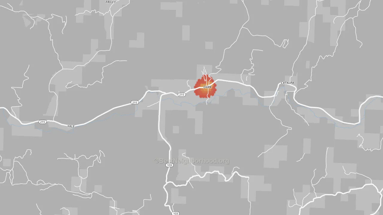 Walk Grade map of Oark, AR, walkable areas in green and car-dependent areas in red