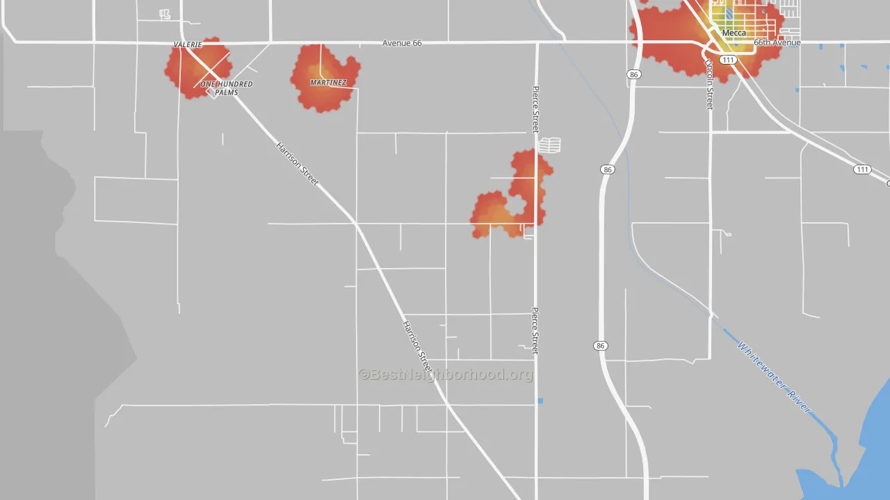 Walk Grade map of Oasis, CA, walkable areas in green and car-dependent areas in red
