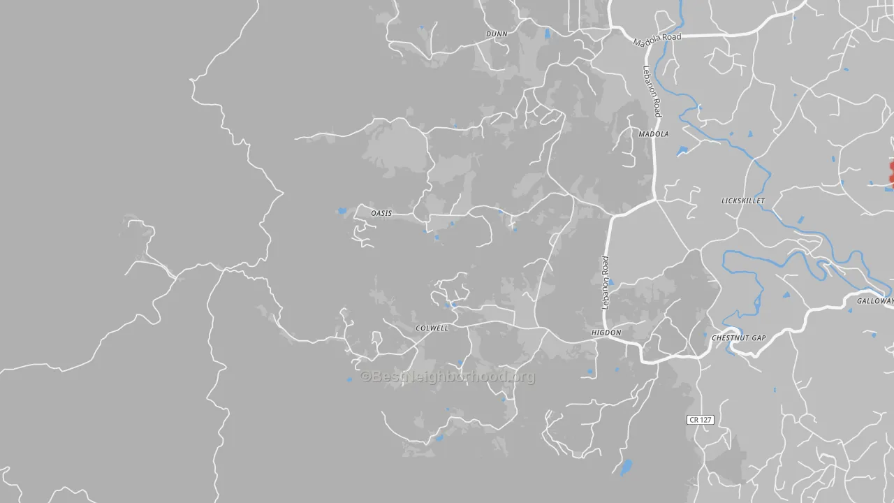 Walk Grade map of Oasis, GA, walkable areas in green and car-dependent areas in red