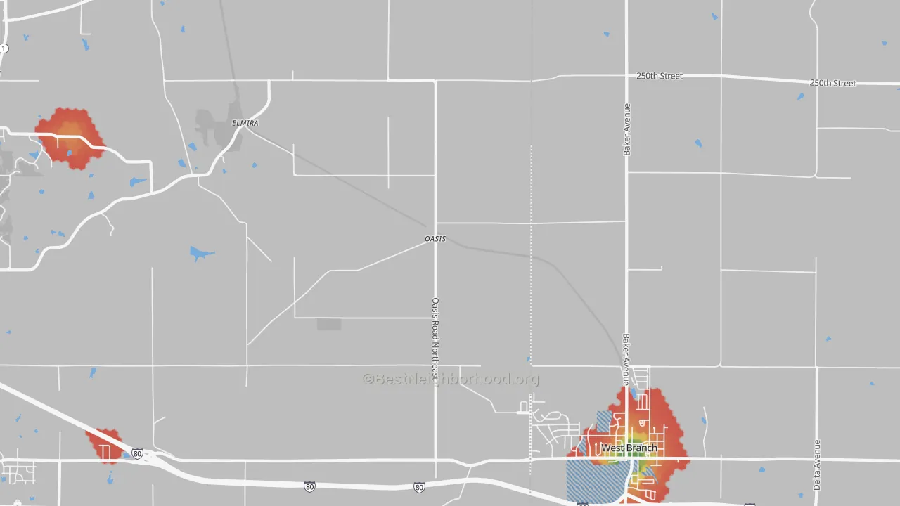 Walk Grade map of Oasis, IA, walkable areas in green and car-dependent areas in red