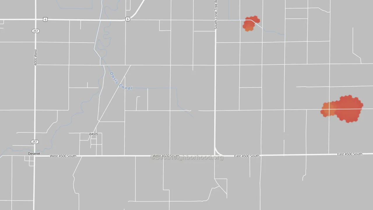 Walk Grade map of Oasis, UT, walkable areas in green and car-dependent areas in red