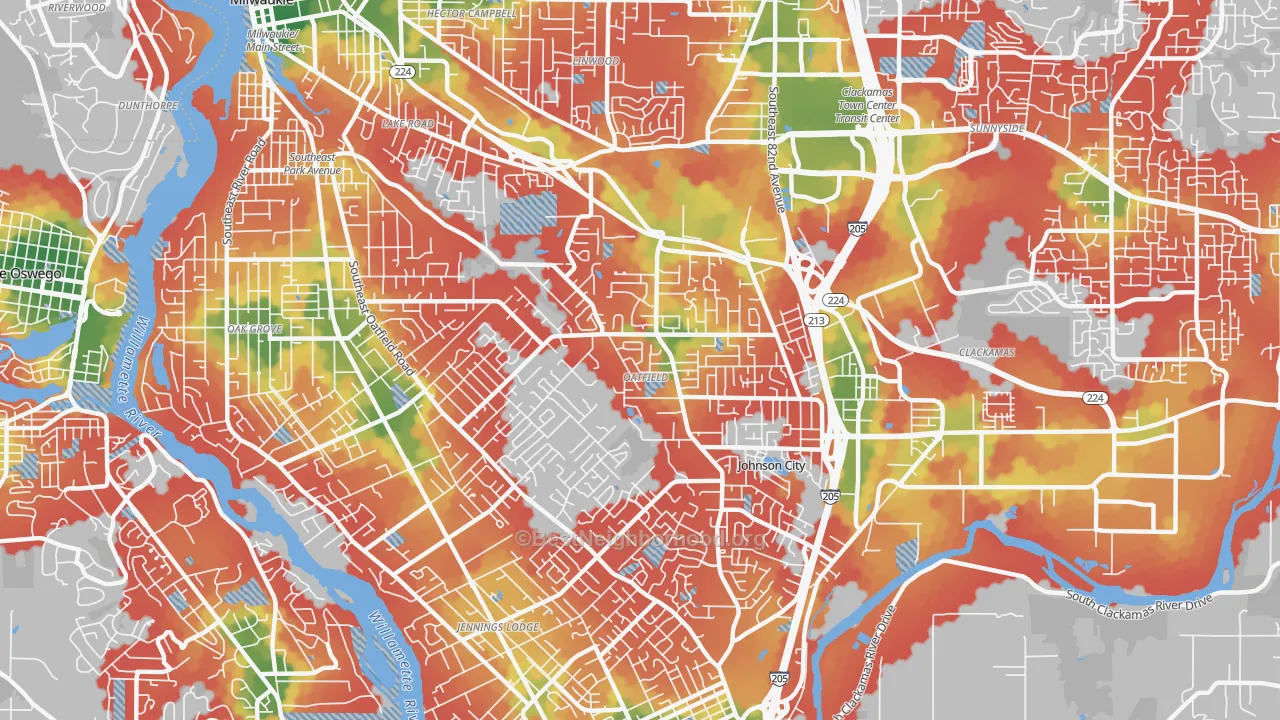 Walk Grade map of Oatfield, OR, walkable areas in green and car-dependent areas in red