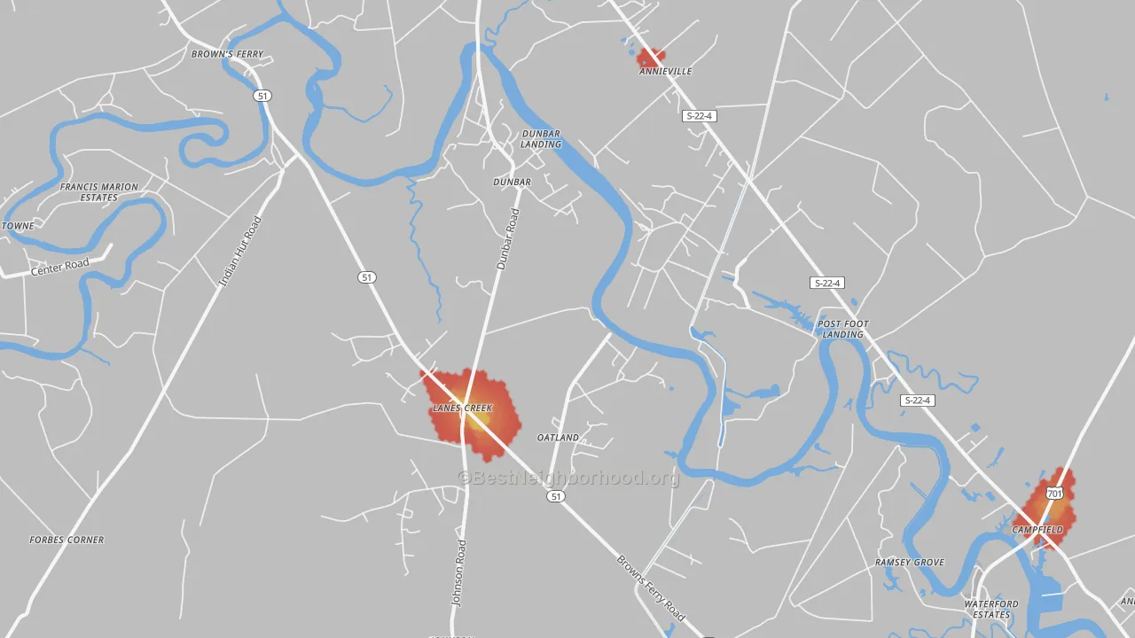 Walk Grade map of Oatland, SC, walkable areas in green and car-dependent areas in red