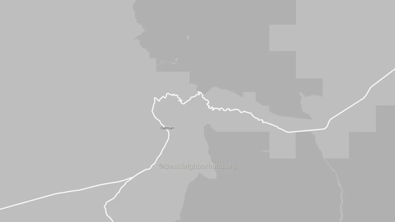 Walk Grade map of Oatman, AZ, walkable areas in green and car-dependent areas in red