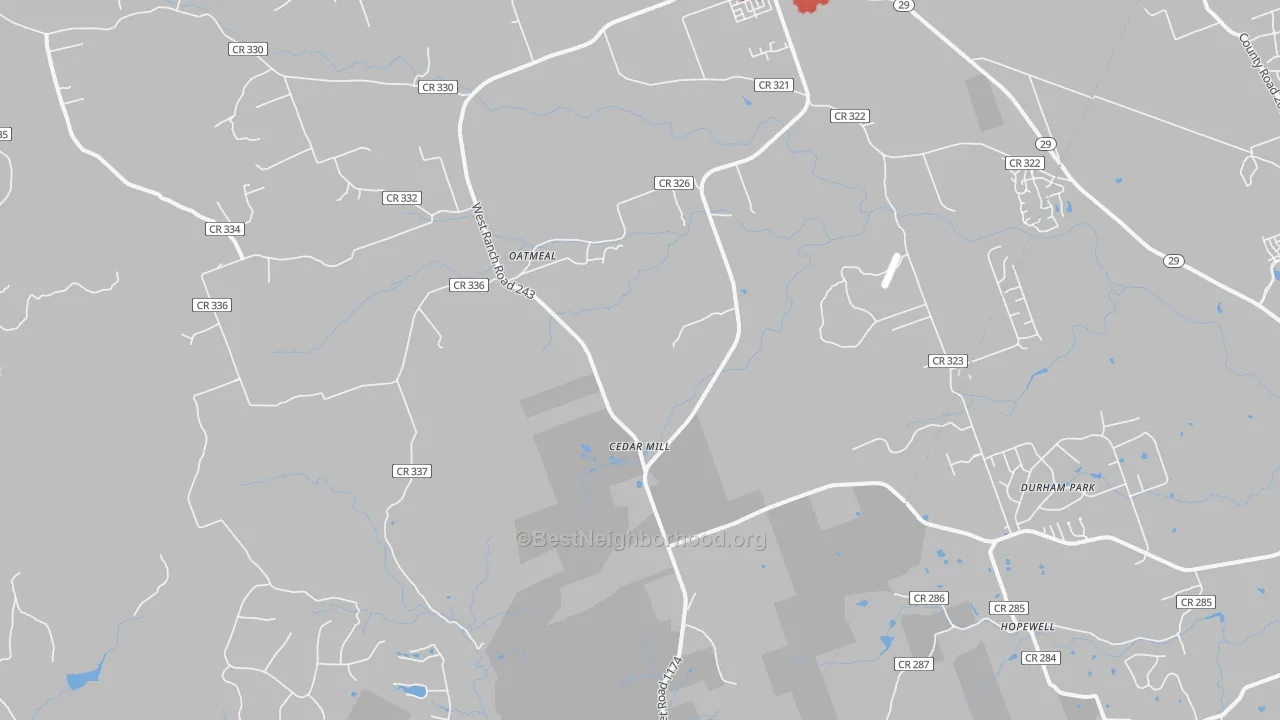 Walk Grade map of Oatmeal, TX, walkable areas in green and car-dependent areas in red