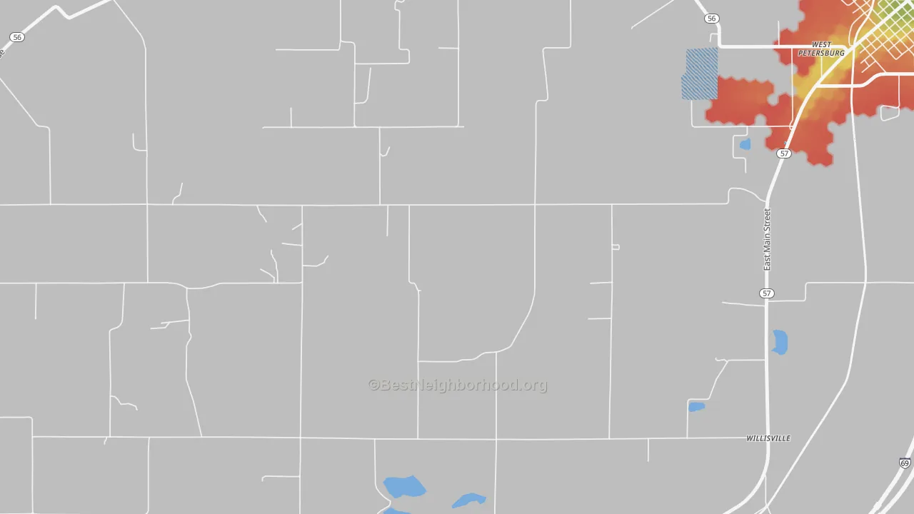 Walk Grade map of Oatsville, IN, walkable areas in green and car-dependent areas in red