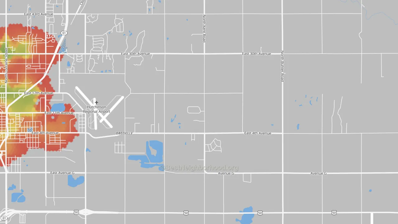 Walk Grade map of Obeeville, KS, walkable areas in green and car-dependent areas in red