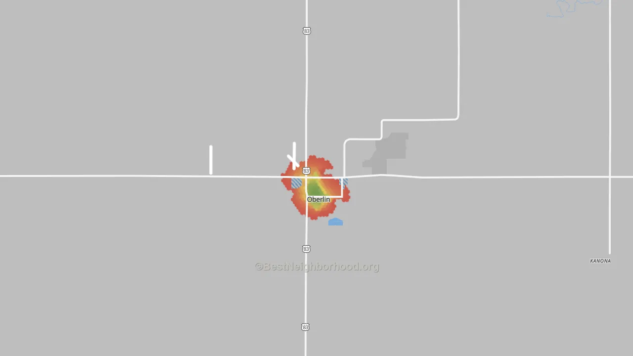 Walk Grade map of Oberlin, KS, walkable areas in green and car-dependent areas in red