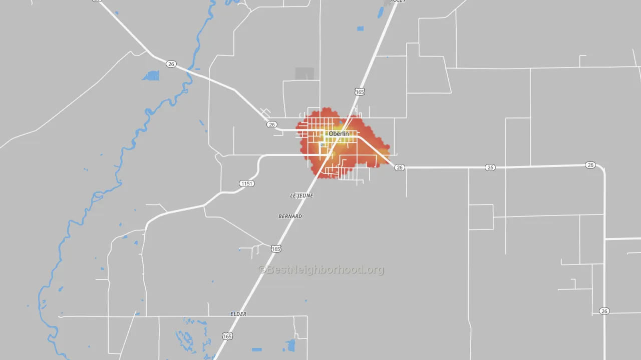 Walk Grade map of Oberlin, LA, walkable areas in green and car-dependent areas in red