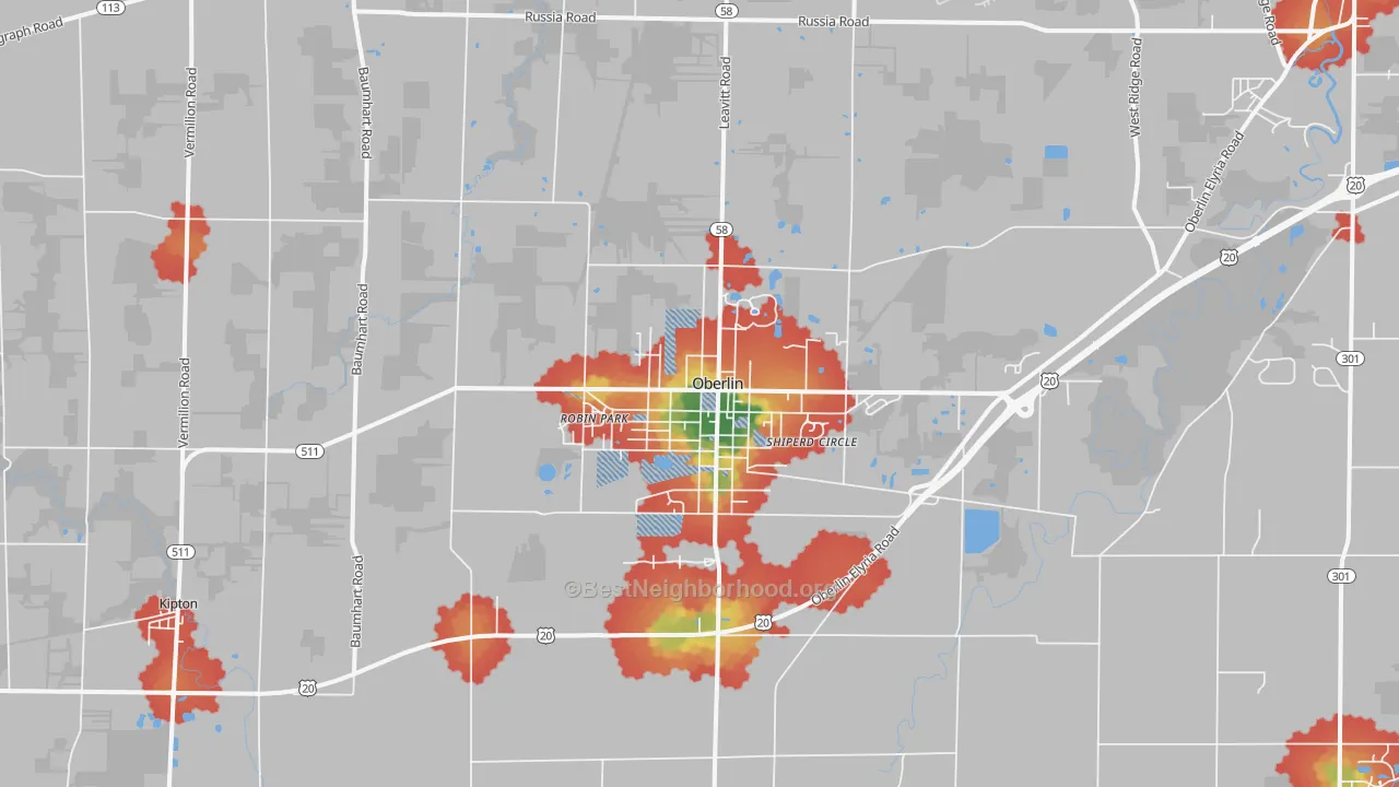 Walk Grade map of Oberlin, OH, walkable areas in green and car-dependent areas in red