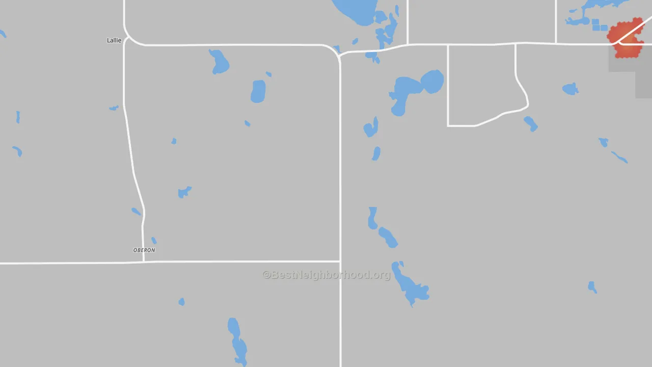 Walk Grade map of Oberon, ND, walkable areas in green and car-dependent areas in red