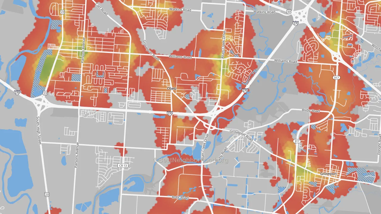 Walk Grade map of Obetz, OH, walkable areas in green and car-dependent areas in red